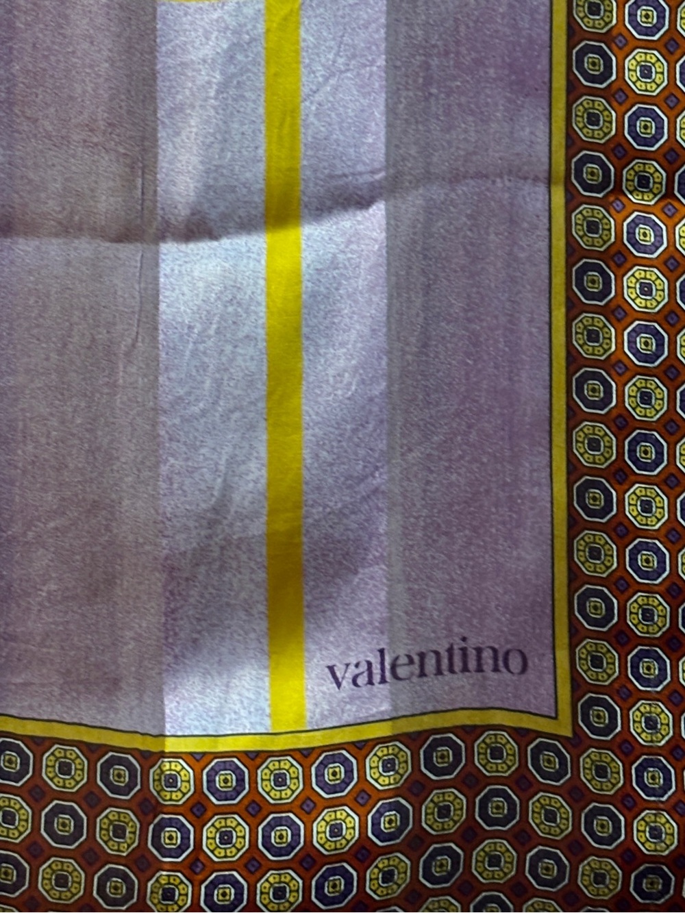 Valentino Vintage Silk Scarf, Lavender & Yellow Plaid Center, Geometric Boarder